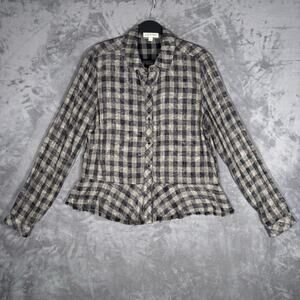 Cloth & Stone Plaid Button Front Peplum Shirt Green Black Medium
